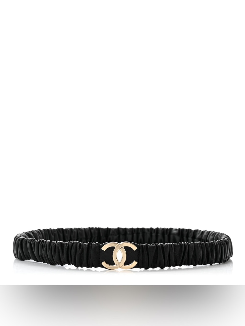 CHANEL Black Leather Ruched Belt with Gold CC Emblem F/W 2022